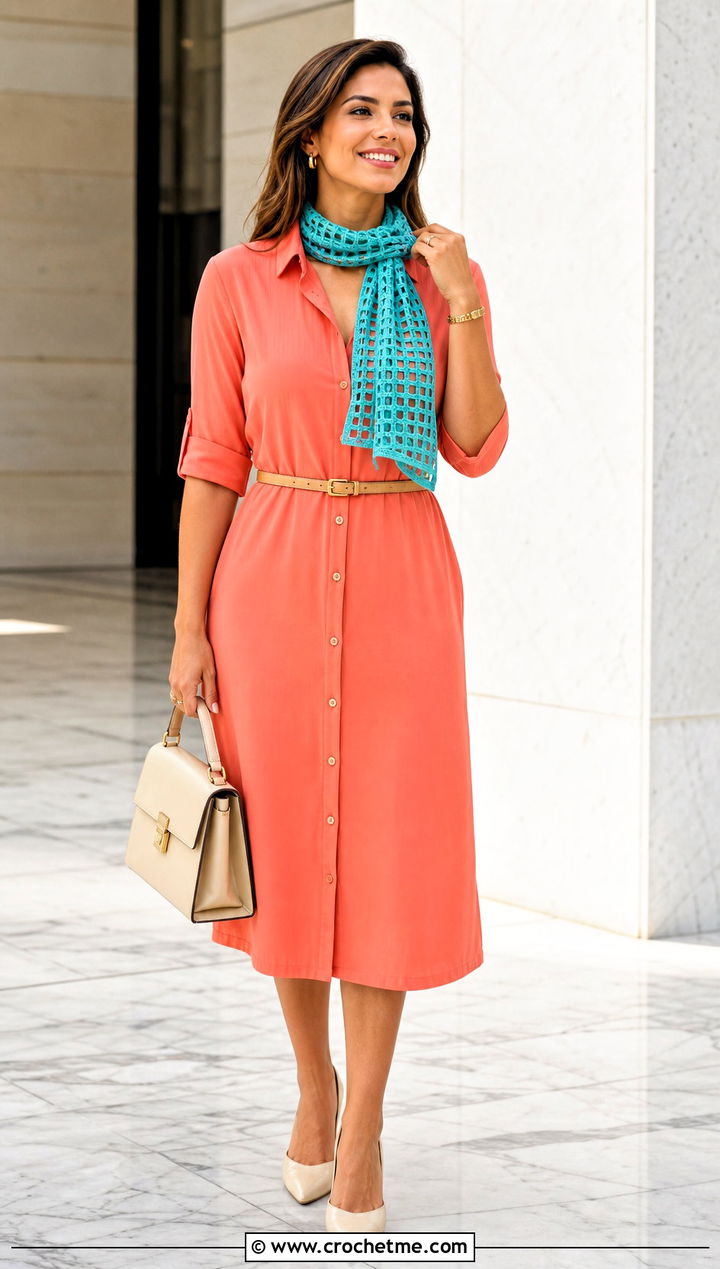Filet Crochet Scarf With Belted Shirt Dress - 35 small crochet scarf outfit ideas