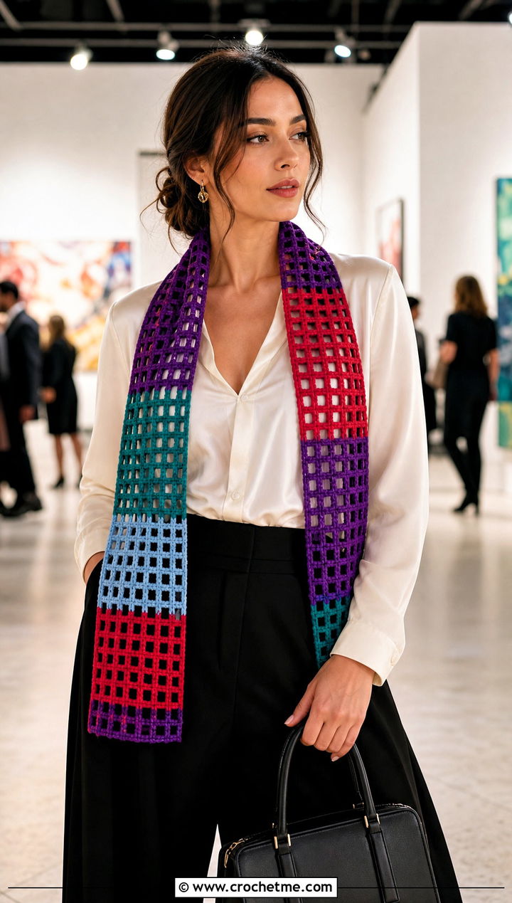 Filet Crochet Scarf With Blouse And Wide Leg Pants - 25 multi colored crochet scarf outfit ideas