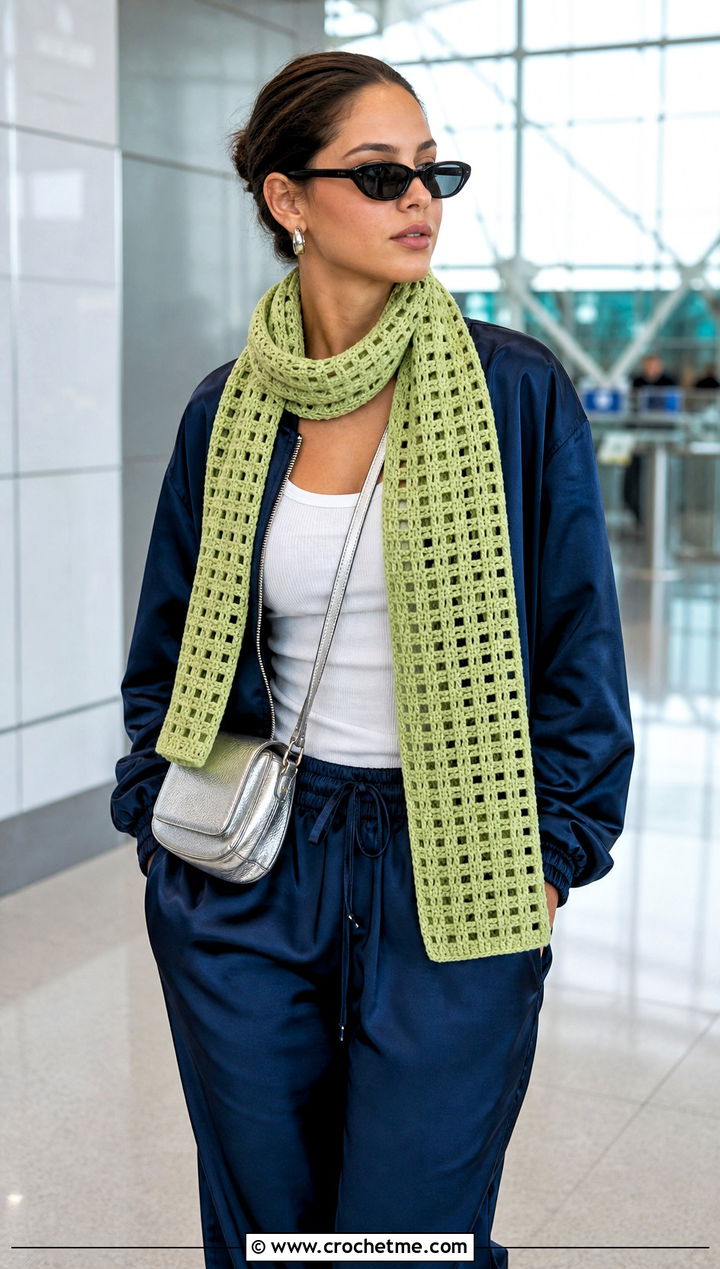 Filet Crochet Scarf With Bomber Jacket And Track Pants - 15 Lacy Green Crochet Scarf outfit ideas