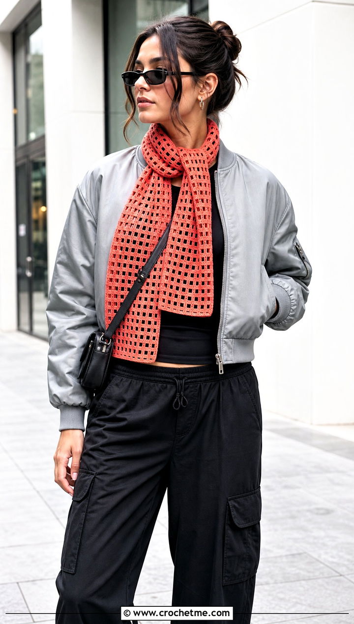Filet Crochet Scarf With Bomber Jacket - 30 autumn crochet scarf outfit ideas