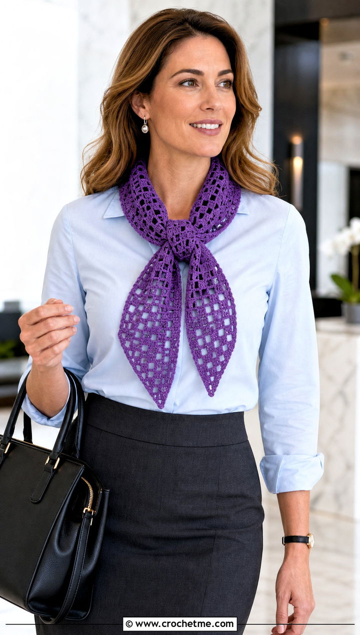 Filet Crochet Scarf With Button Down And Pencil Skirt - 15 elegant crochet scarf design outfit ideas