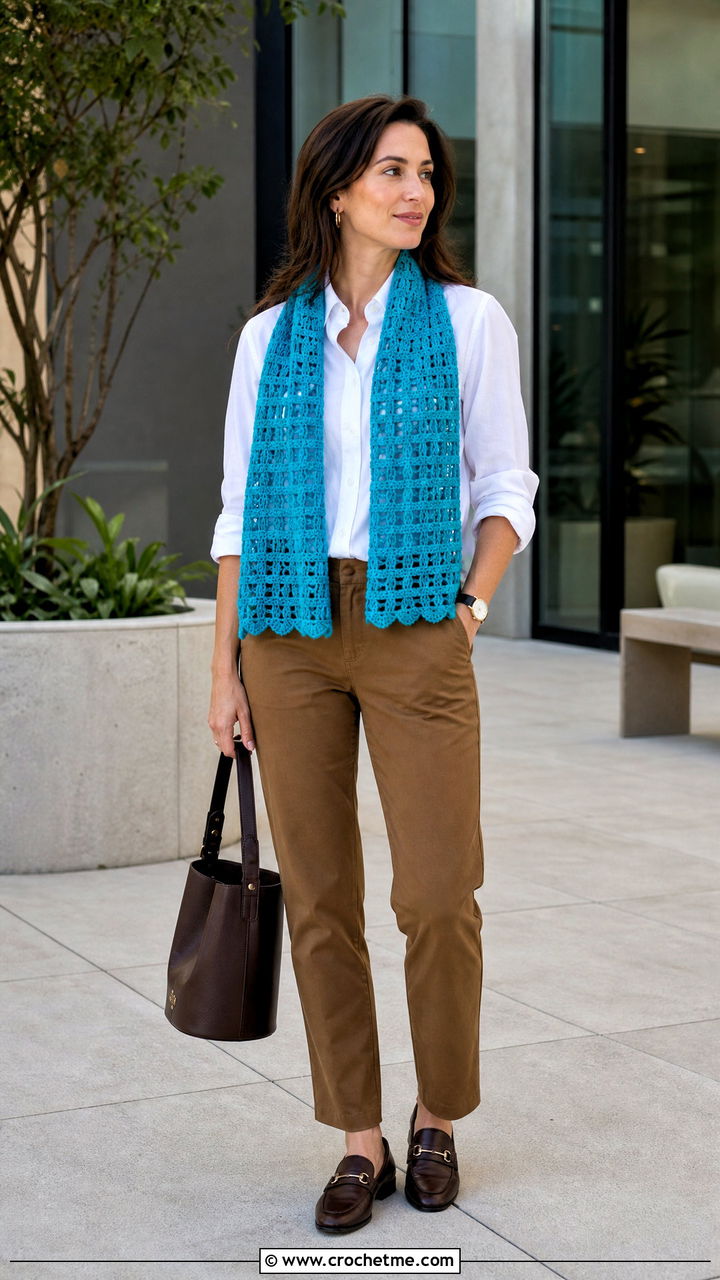 Filet Crochet Scarf With Button Down Shirt And Chinos - 35 quick crochet scarf outfit ideas