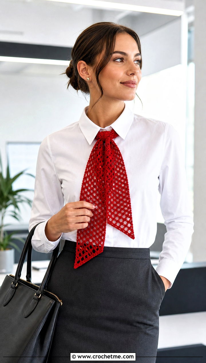 Filet Crochet Scarf With Button Down Shirt And Pencil Skirt - 30 easy crochet scarfs outfit ideas