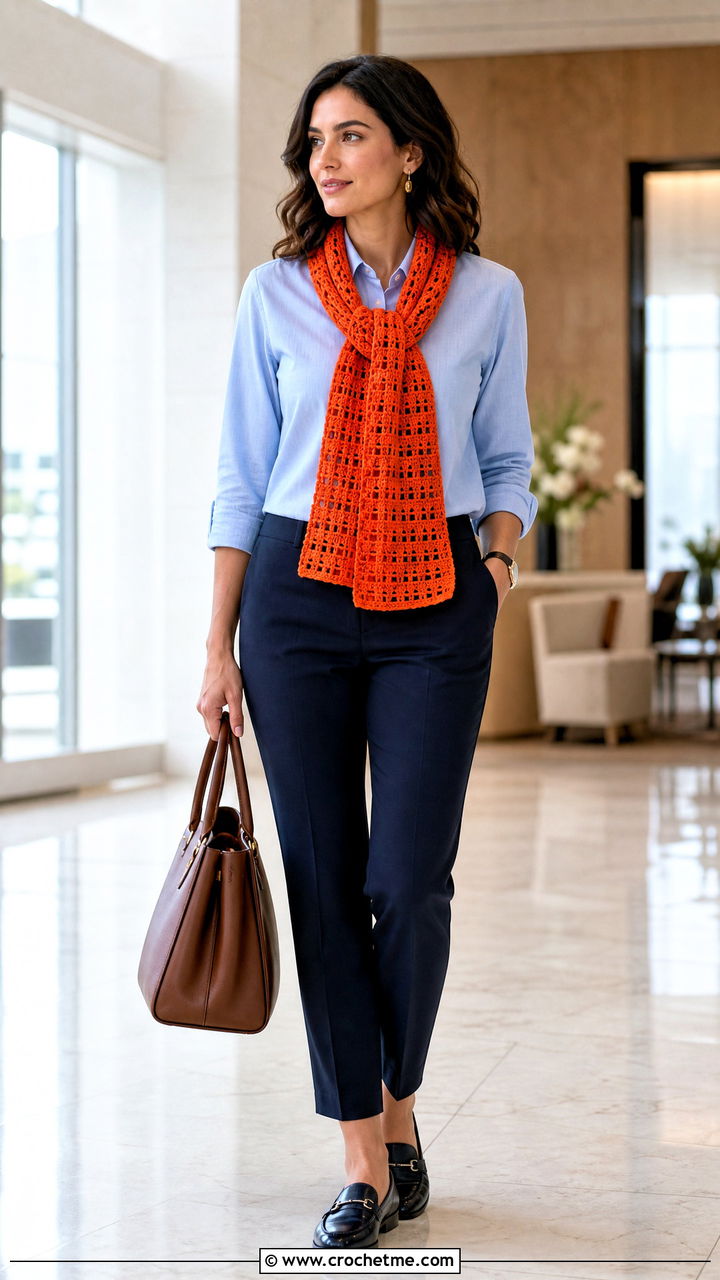 Filet Crochet Scarf With Button Down Shirt - 35 easy crochet scarf outfit ideas