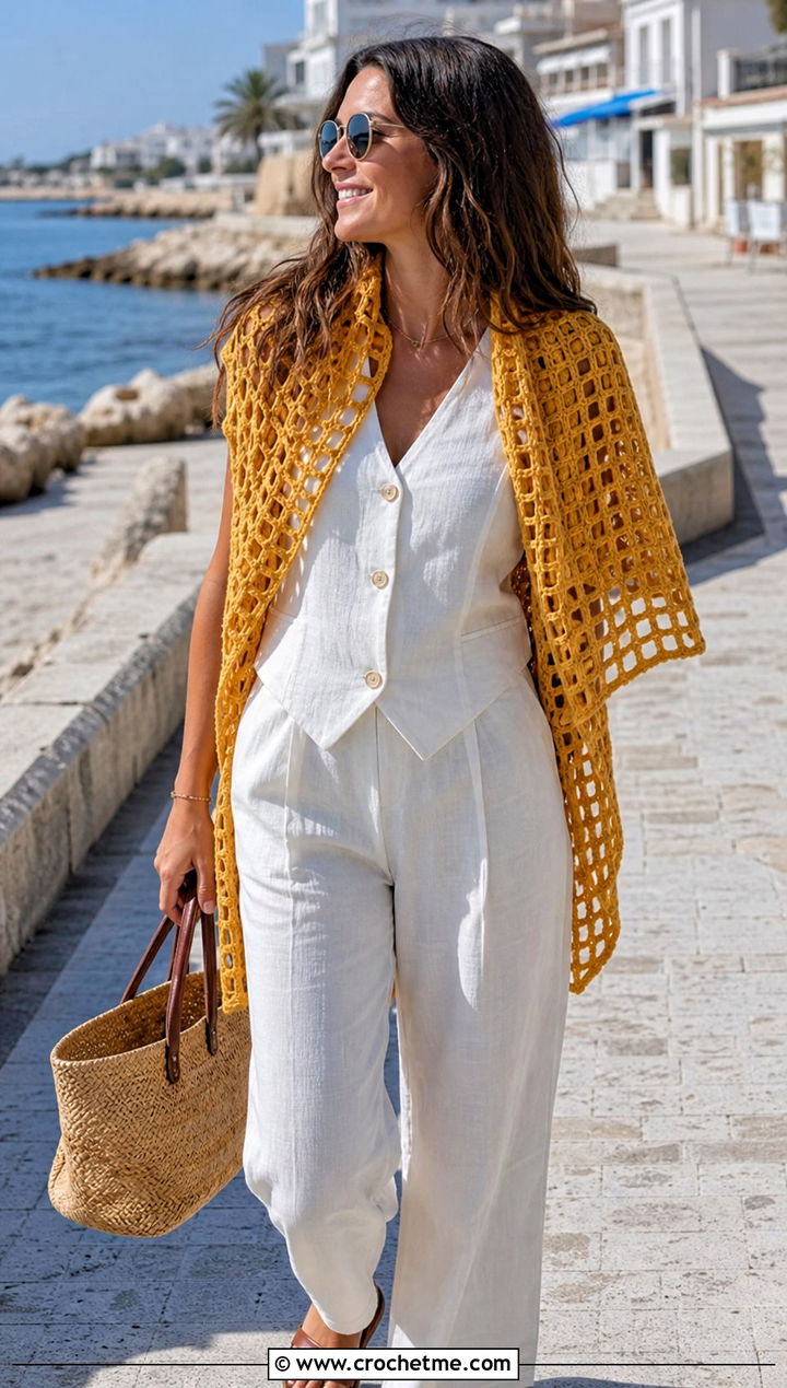Filet Crochet Scarf With Linen Outfit - 25 crochet for scarfs outfit ideas