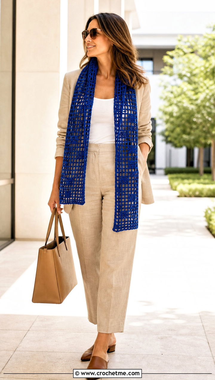 Filet Crochet Scarf With Linen Suit - 35 cute crochet scarf outfit ideas