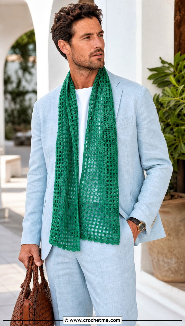 Filet Crochet Scarf With Linen Suit - 30 male crochet scarf outfit ideas