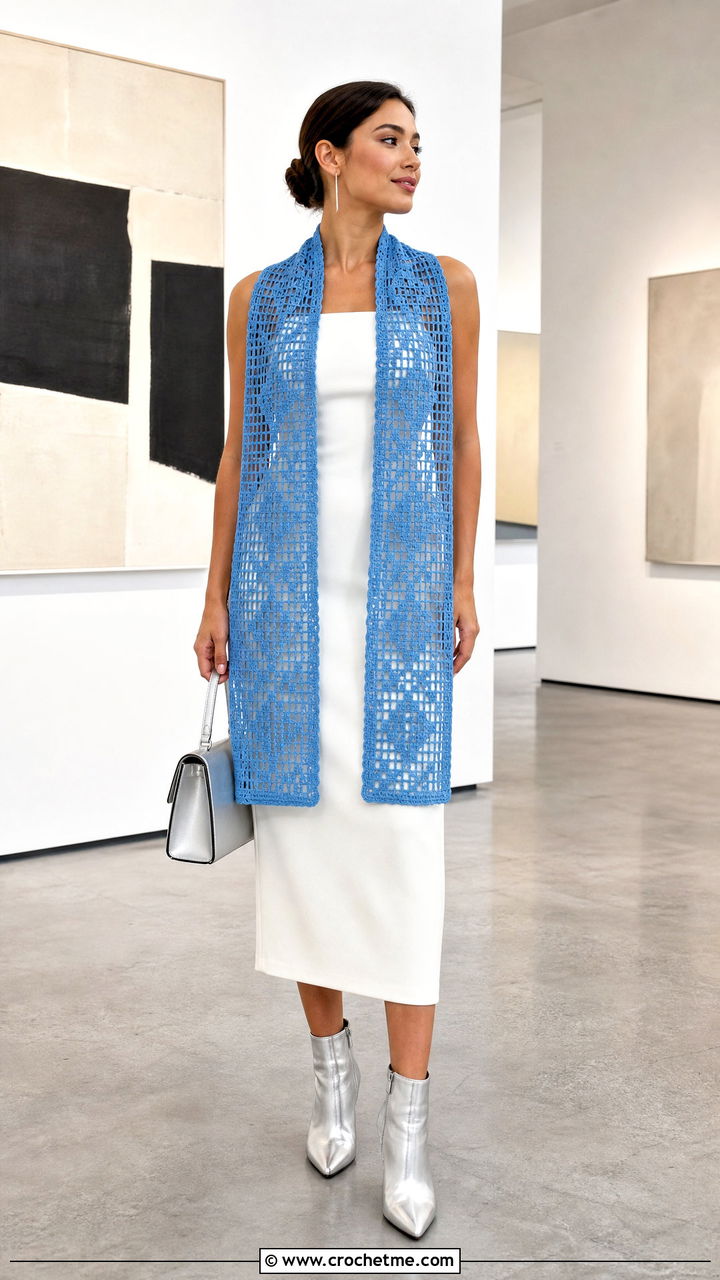 Filet Crochet Scarf With Minimalist Dress - 35 crochet scarf ideas