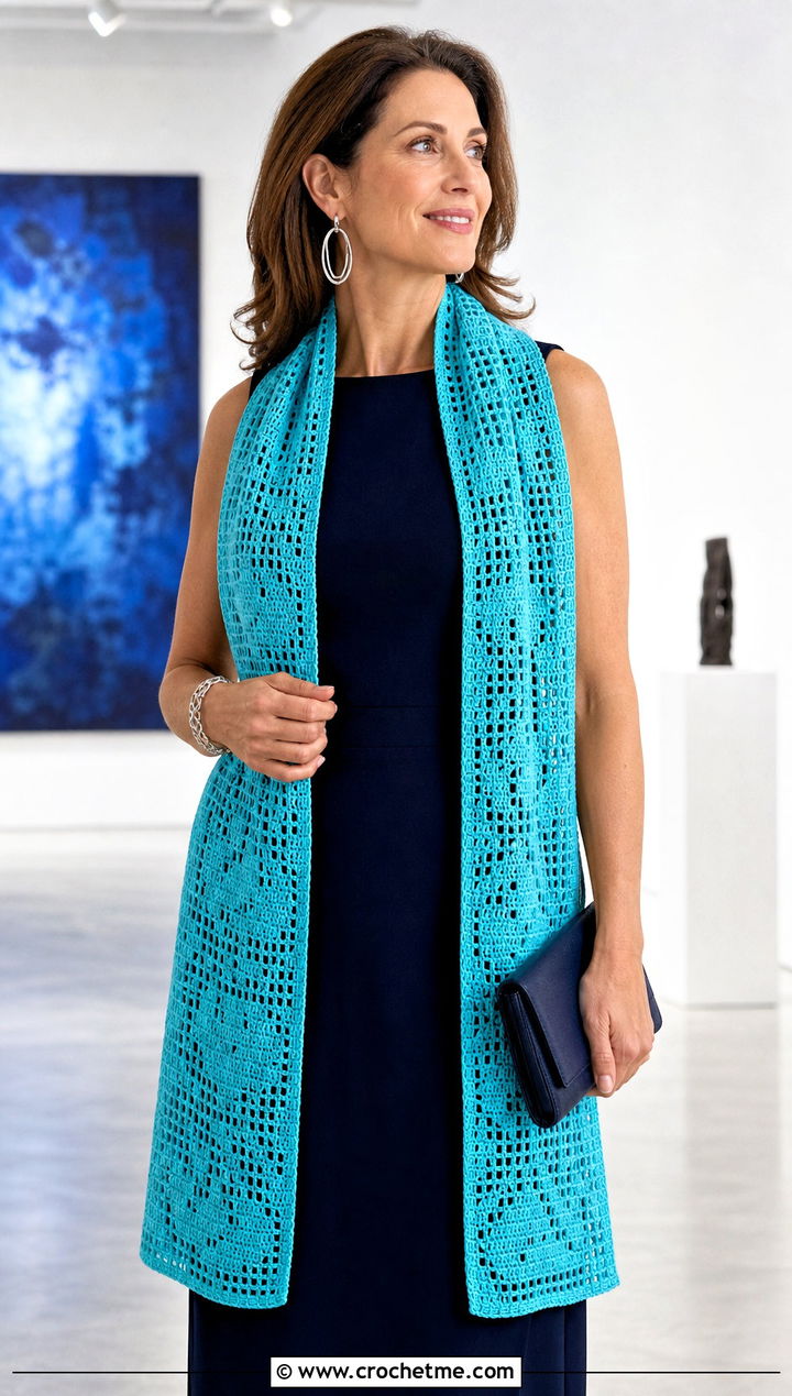 Filet Crochet Scarf With Minimalist Midi Dress - 30 unique crochet scarf outfit ideas