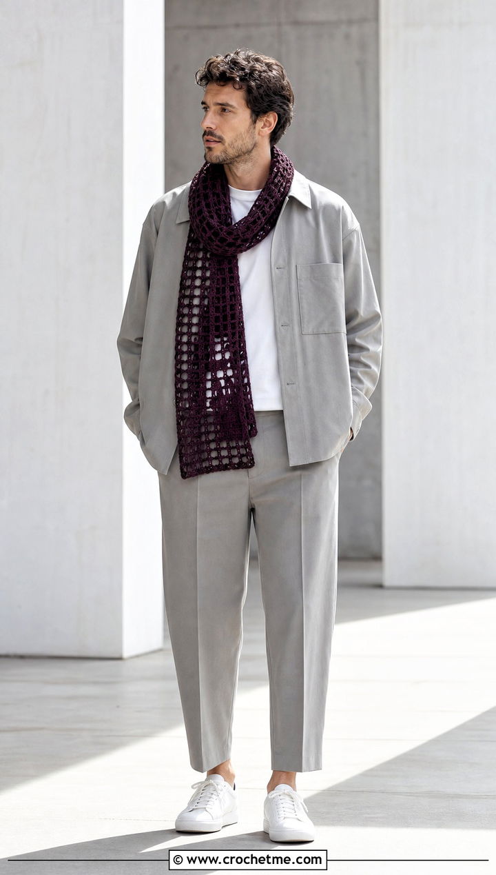 Filet Crochet Scarf With Minimalist Outfit - 35 men crochet scarf outfit ideas