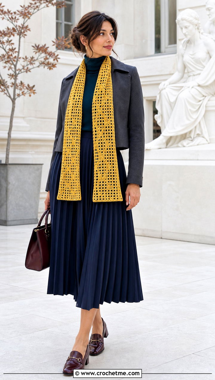 Filet Crochet Scarf With Pleated Skirt - 35 fall crochet scarf outfit ideas