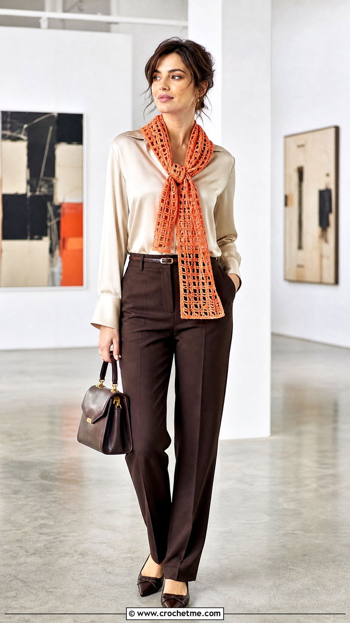 Filet Crochet Scarf With Satin Blouse And Tailored Trousers - 35 simple crochet scarf outfit ideas