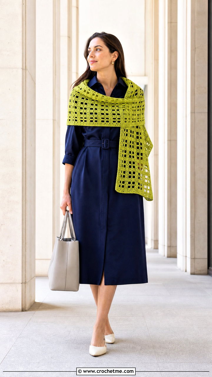 Filet Crochet Scarf With Shirt Dress - 35 beginner crochet scarf outfit ideas