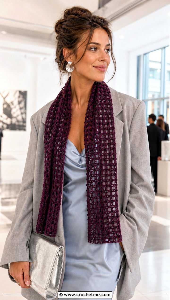 Filet Crochet Scarf With Slip Dress And Blazer - 20 Crochet Scarf For Beginners outfit ideas