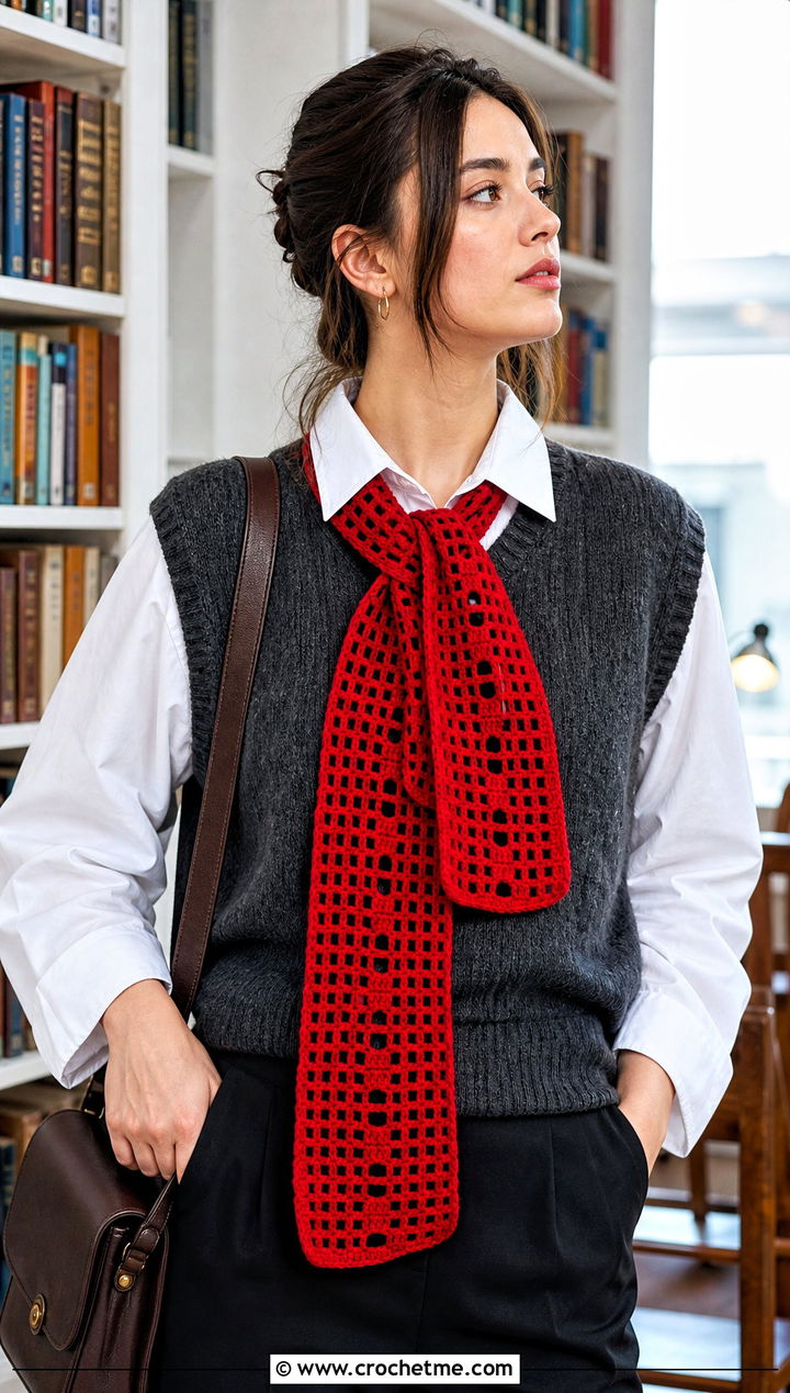 Filet Crochet Scarf With Sweater Vest - 25 Wednesday Crochet Scarf outfit ideas