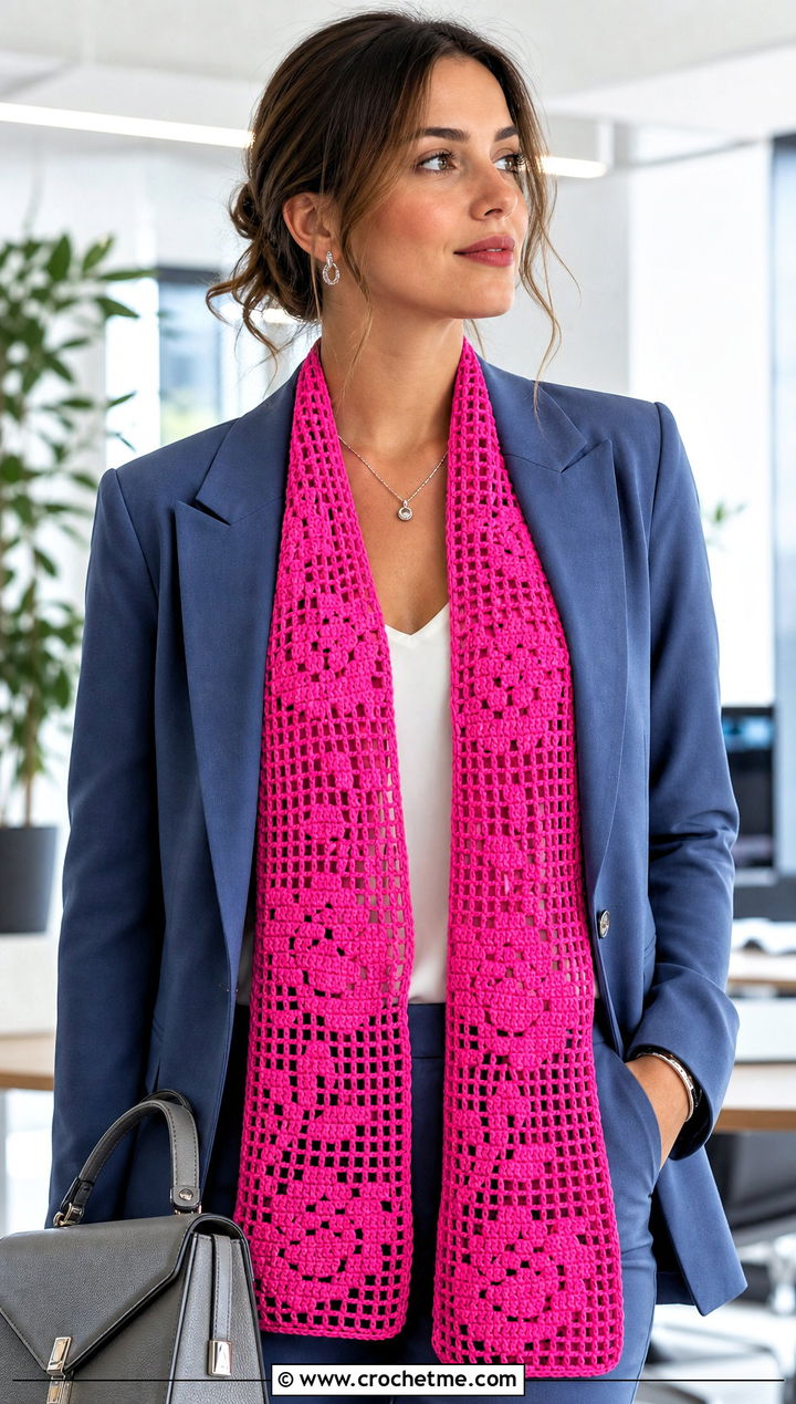 Filet Crochet Scarf With Tailored Suit - 25 boho crochet scarf outfit ideas