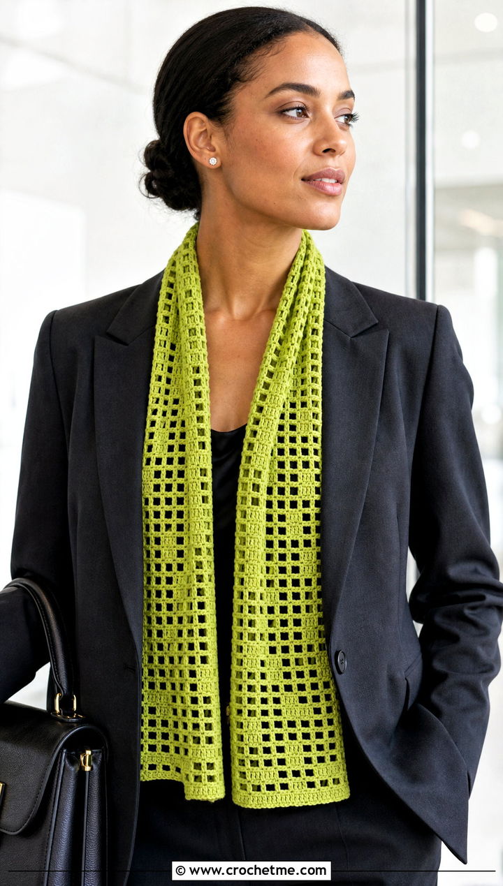 Filet Crochet Scarf With Tailored Suit - 15 Light Weight Crochet Scarf outfit ideas