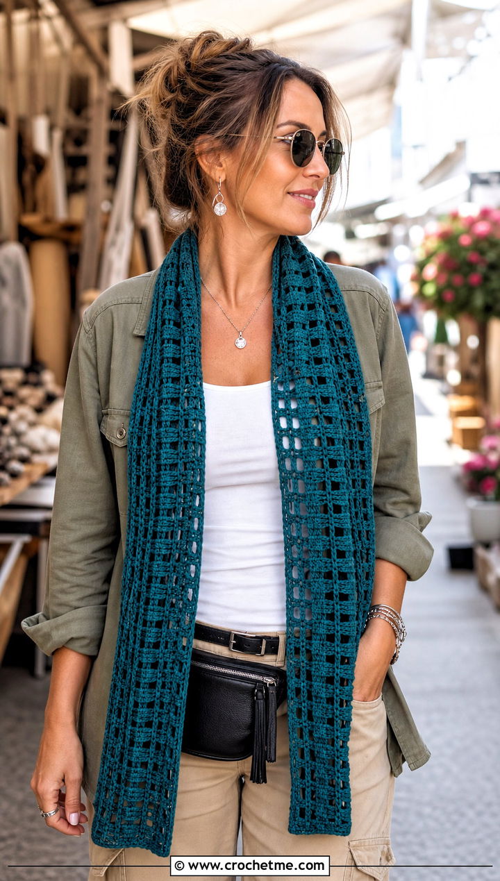 Filet Crochet Scarf With Utility Jacket and Cargo Pants - 15 Light Crochet Scarf outfit ideas