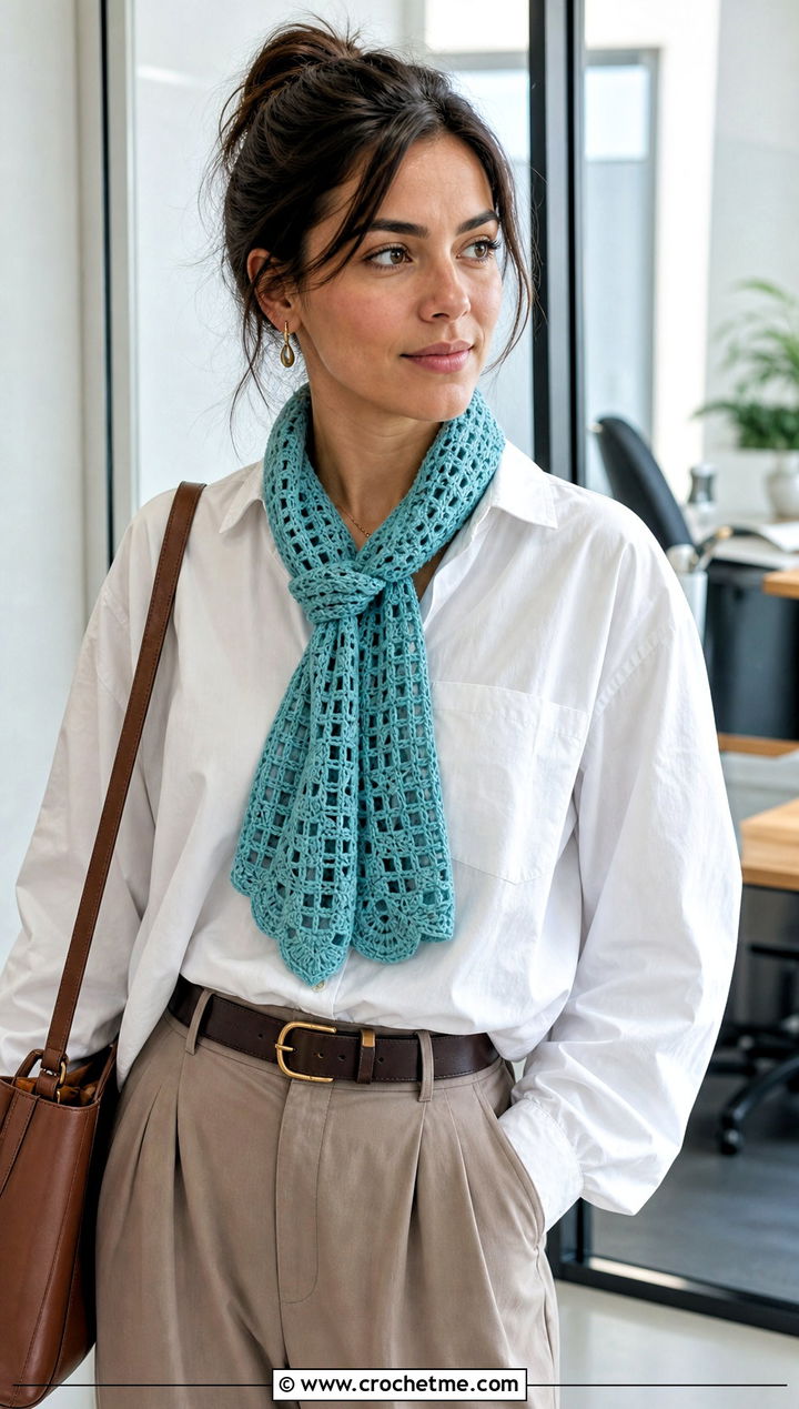 Filet Crochet Scarf With White Shirt And Trousers - 25 Multifunctional Crochet Scarf outfit ideas