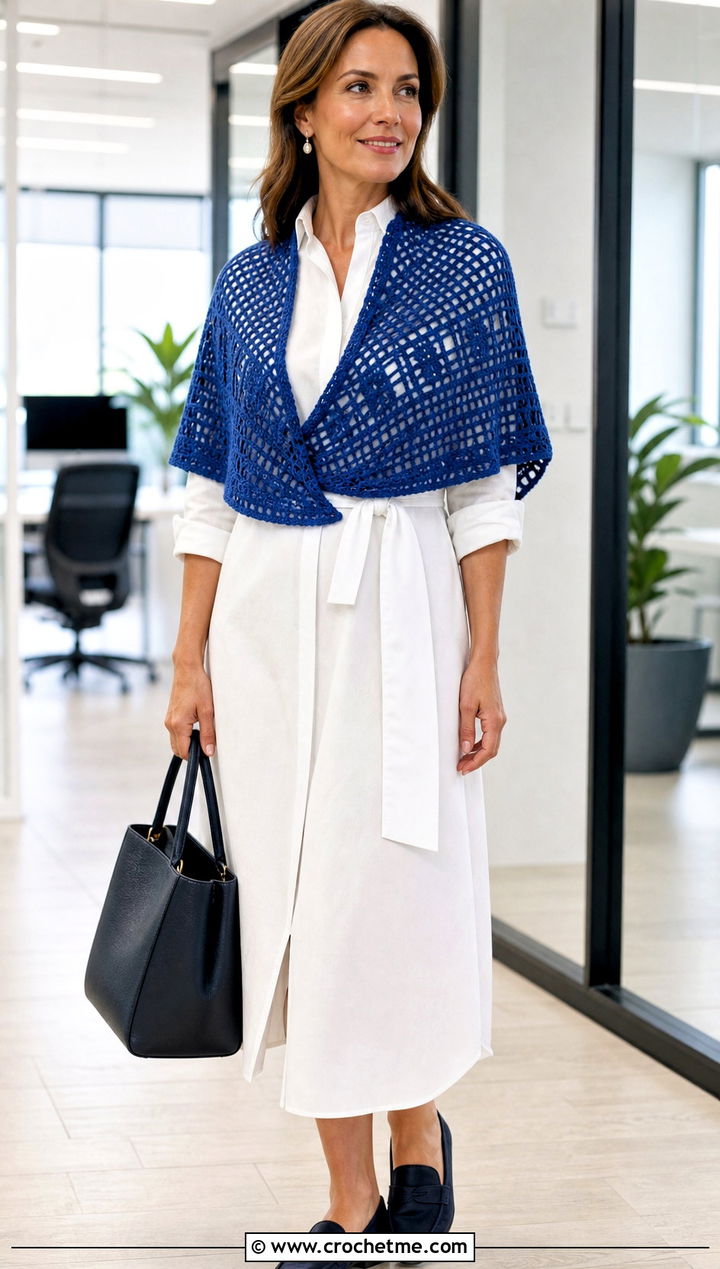 Filet Crochet Semi Circle Shawl With Shirt Dress - 25 Crochet Semi Circle Shawl outfit ideas