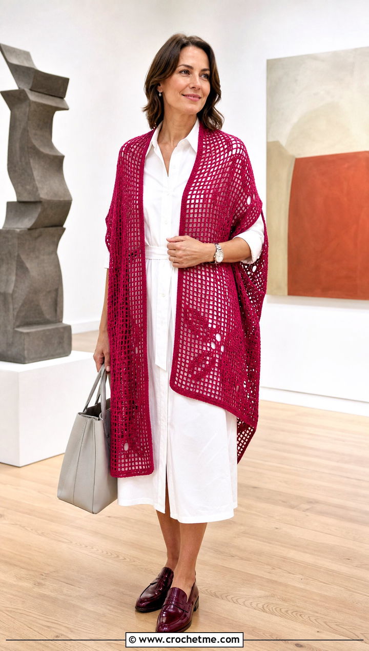 Filet Crochet Shawl With Arm Holes And White Shirt Dress - 30 crochet shawl with arm holes outfit ideas