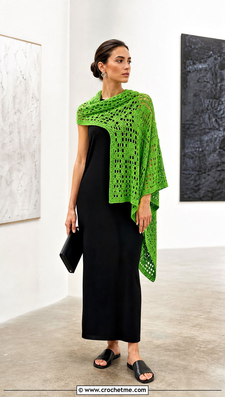 Filet Crochet Shawl With Column Dress - 30 summer crochet shawl outfit ideas