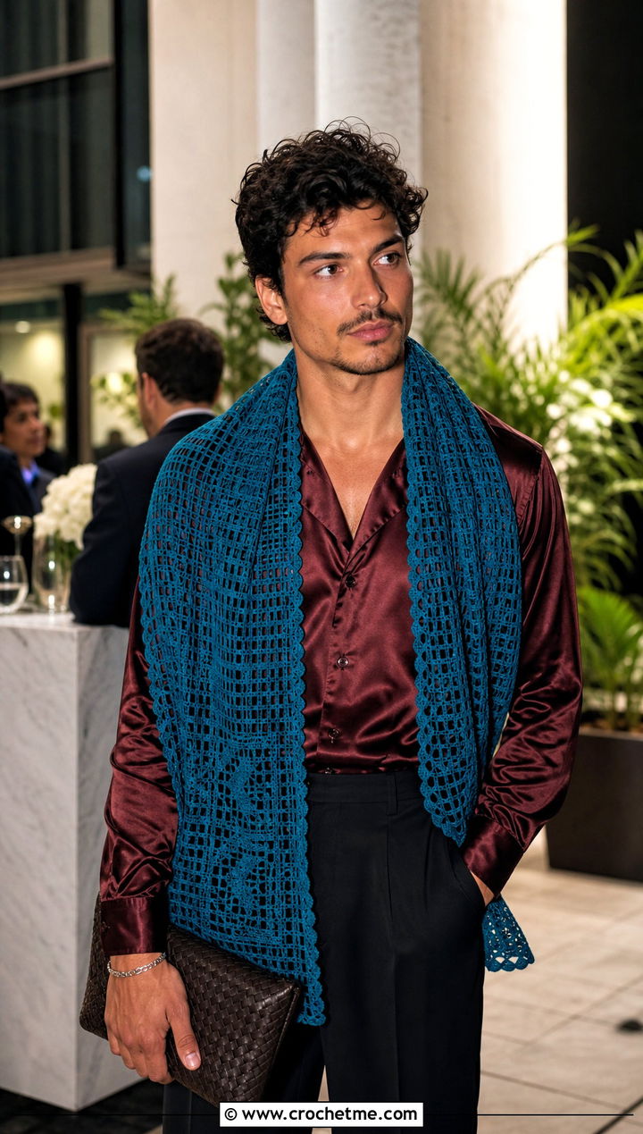 Filet Crochet Shawl With Evening Outfit - 30 crochet shawl for men outfit ideas