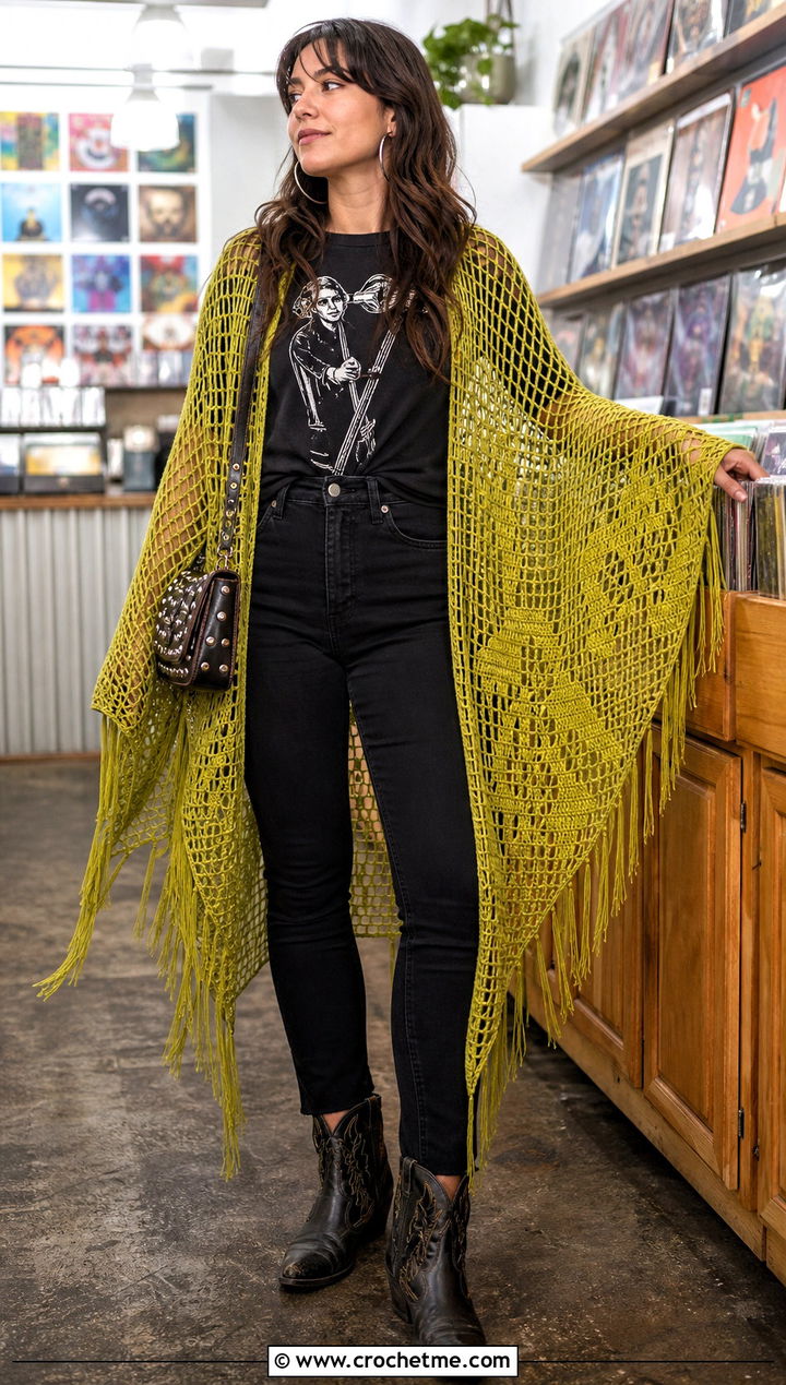 Filet Crochet Shawl With Graphic T Shirt - 25 Stevie Nicks Crochet Shawl outfit ideas