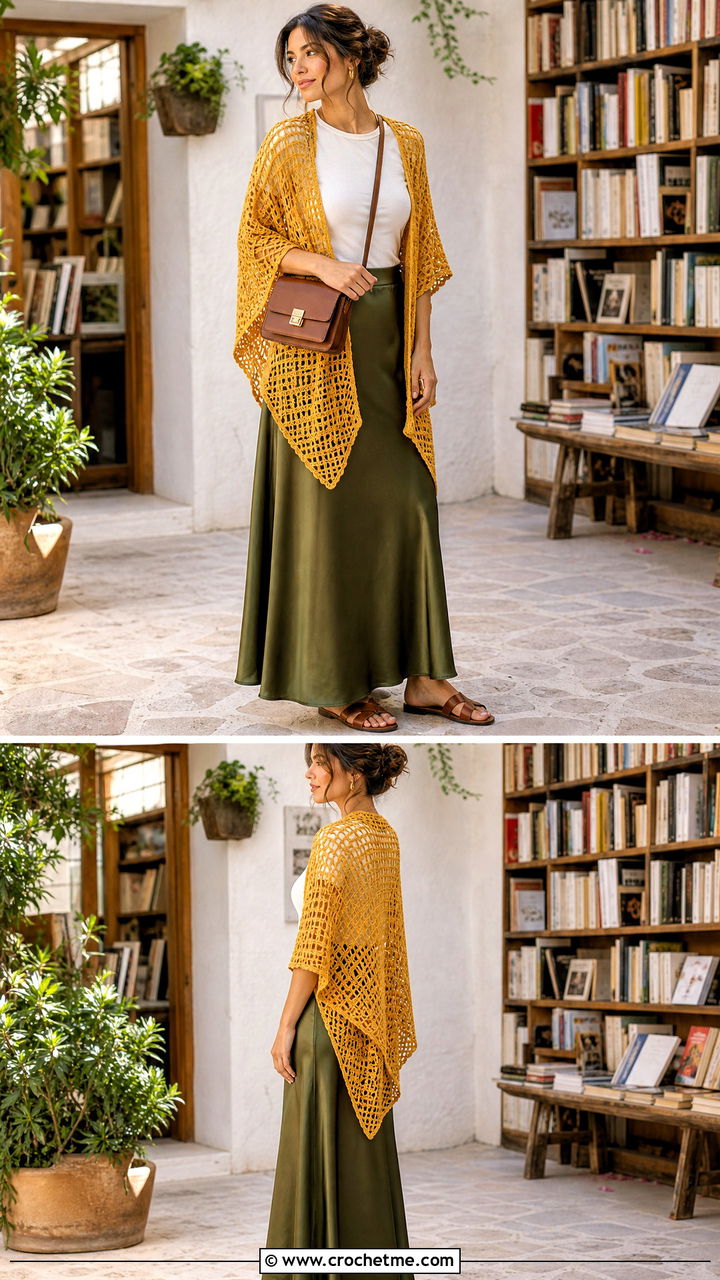 Filet Crochet Shawl With Maxi Skirt - 35 easy simple crochet shawl outfit ideas