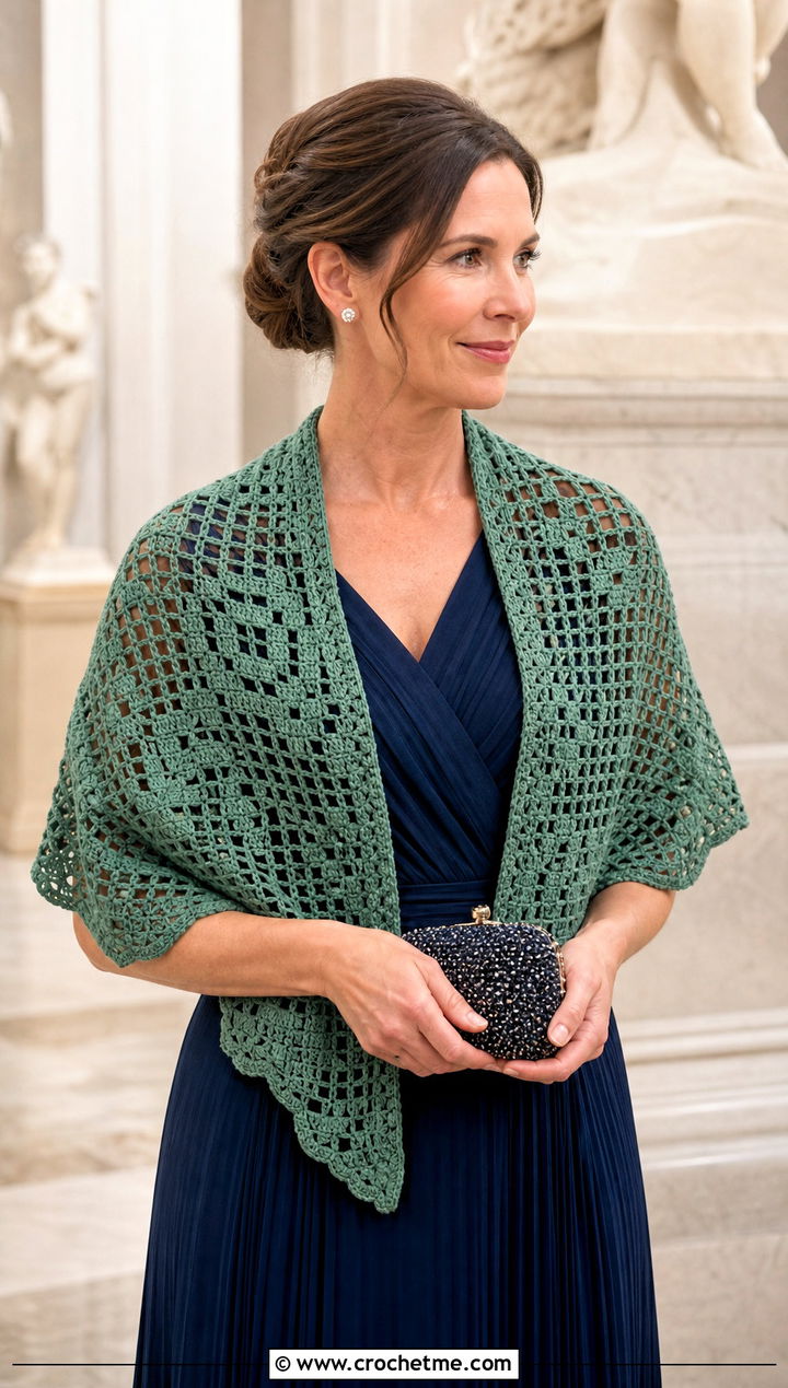 Filet Crochet Shawl With Pleated Maxi Dress - 15 Winter Wedding Crochet Shawl outfit ideas
