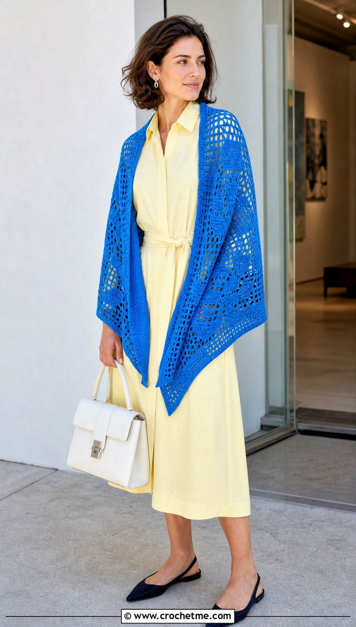 Filet Crochet Shawl With Shirt Dress - 20 Elegant Crochet Shawl outfit ideas
