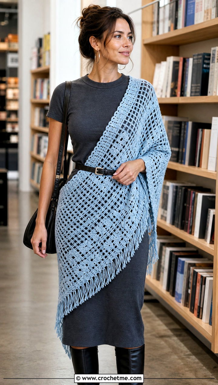 Filet Crochet Shawl With T Shirt Dress And Boots - 25 Vintage Crochet Shawl outfit ideas
