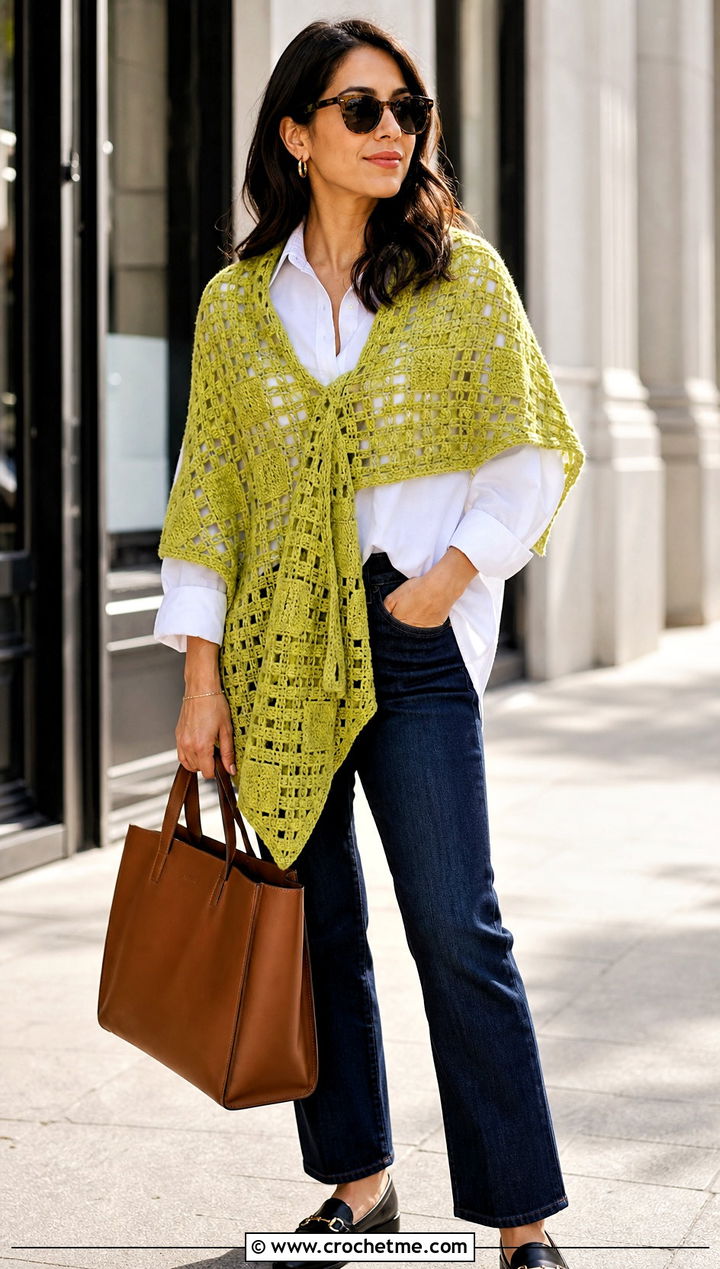 Filet Crochet Shawl With White Shirt And Jeans - 30 winter crochet shawl outfit ideas