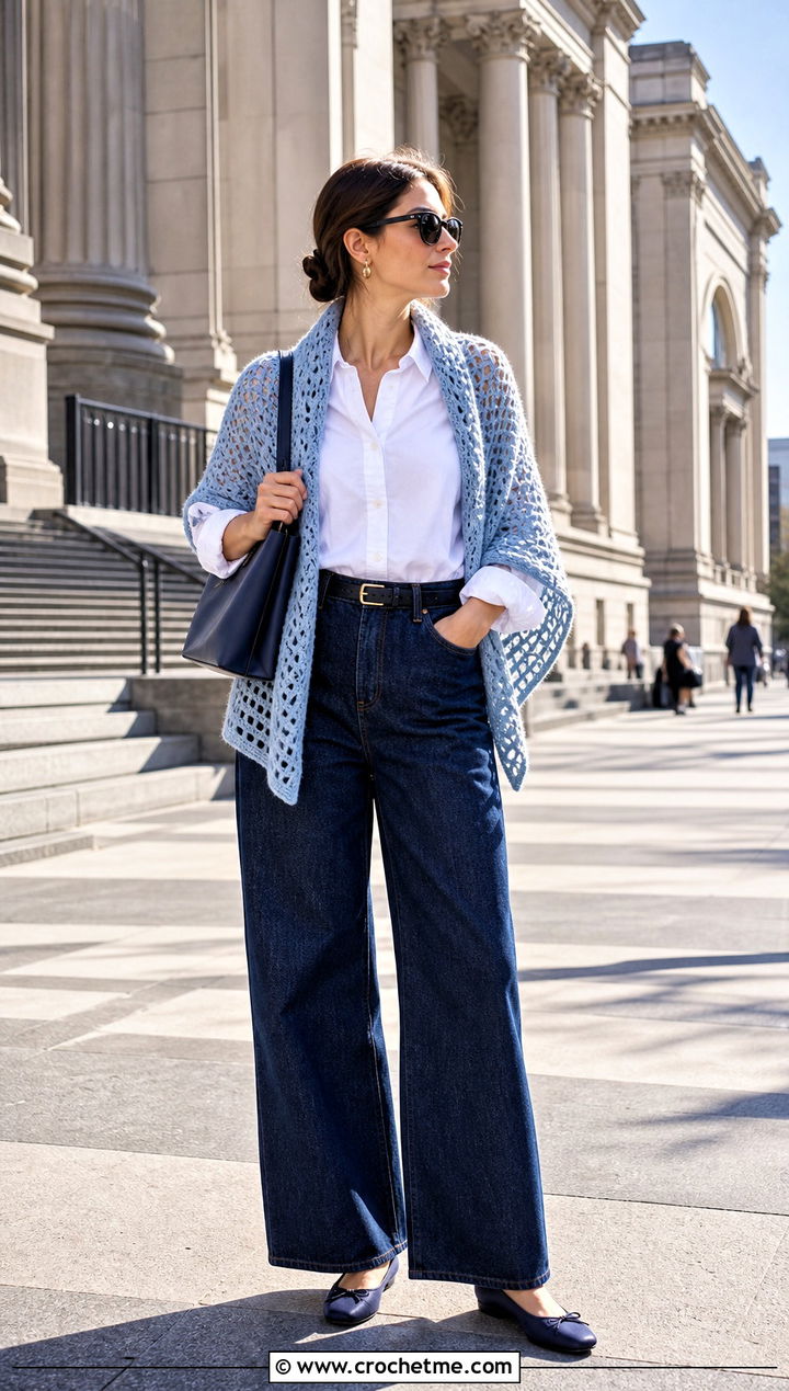 Filet Crochet Shawl With White Shirt And Wide Leg Jeans - 35 easy crochet shawl outfit ideas