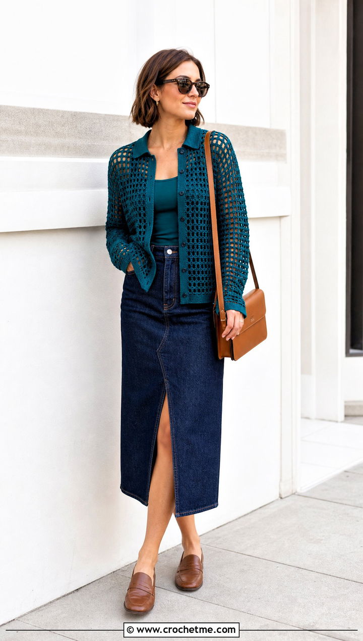 Filet Crochet Shirt With Denim Midi Skirt - 30 outfits to crochet outfit ideas