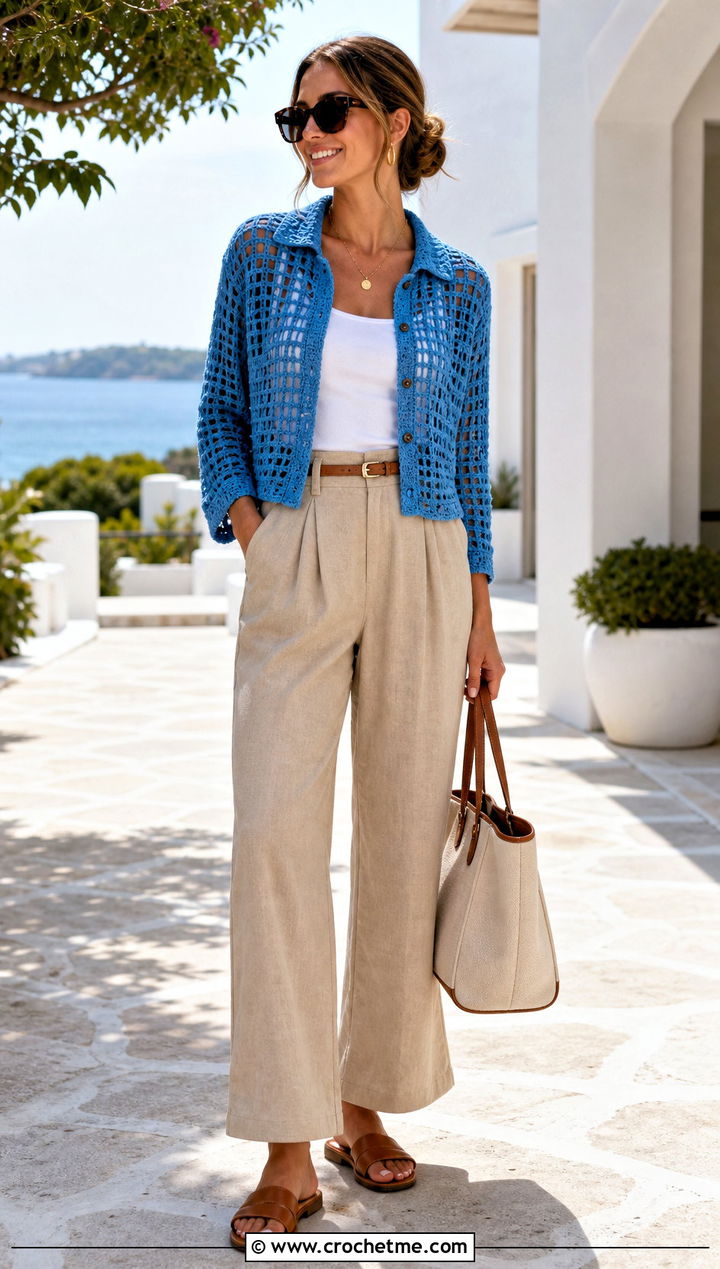 Filet Crochet Shirt With Linen Trousers - 35 cute crochet clothes ideas
