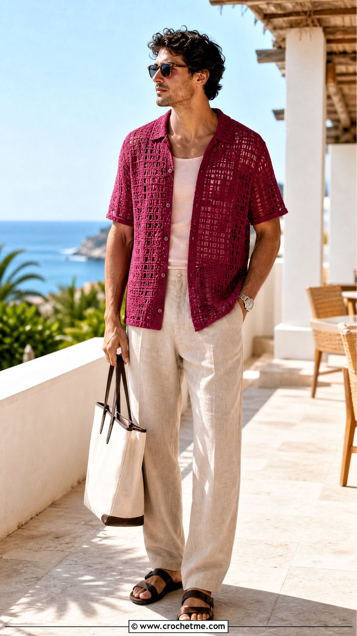 Filet Crochet Shirt With Linen Trousers - 35 crochet men shirt outfit ideas