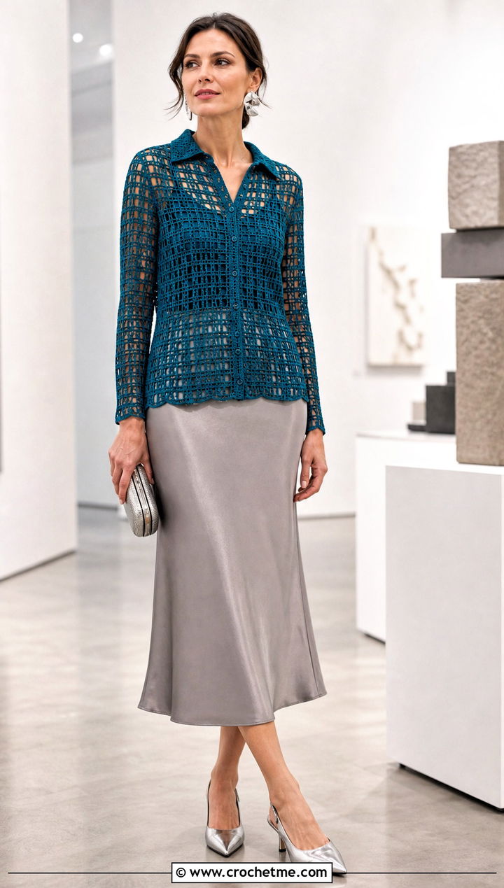 Filet Crochet Shirt With Satin Midi Skirt - 15 Crochet Shirt Sweaters & Cardigans outfit ideas