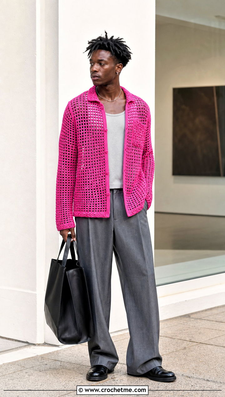 Filet Crochet Shirt With Wide Leg Trousers - 35 crochet man shirt outfit ideas