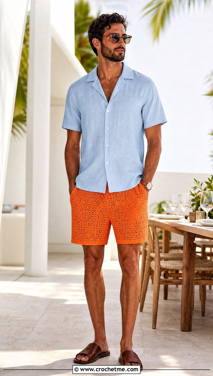 Filet Crochet Shorts With Camp Collar Shirt - 25 Crochet Shorts Mens outfit ideas