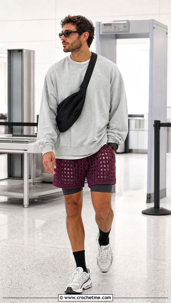 Filet Crochet Shorts With Oversized Sweatshirt - 15 Crochet Mens Shorts For Men outfit ideas