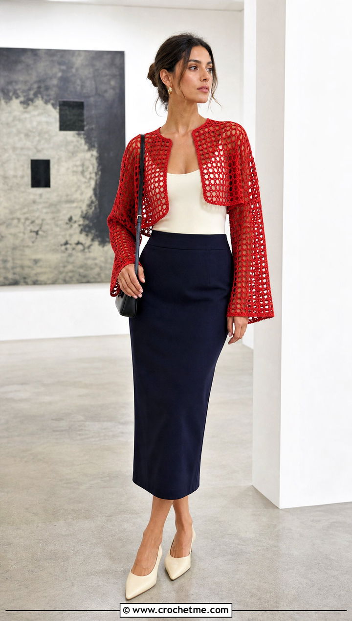 Filet Crochet Shrug With Column Skirt - 35 crocheted shrug outfit ideas