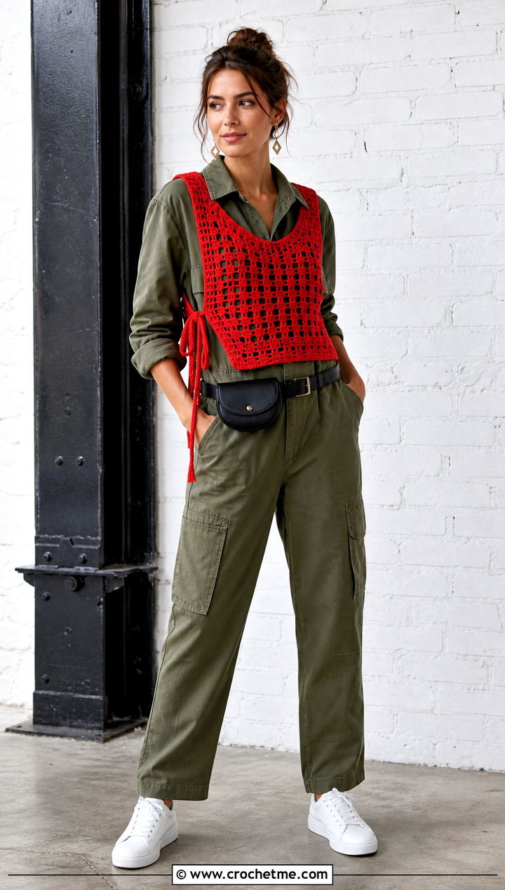 Filet Crochet Side Tie Vest With Utility Jumpsuit - 30 crochet vest tie sides outfit ideas