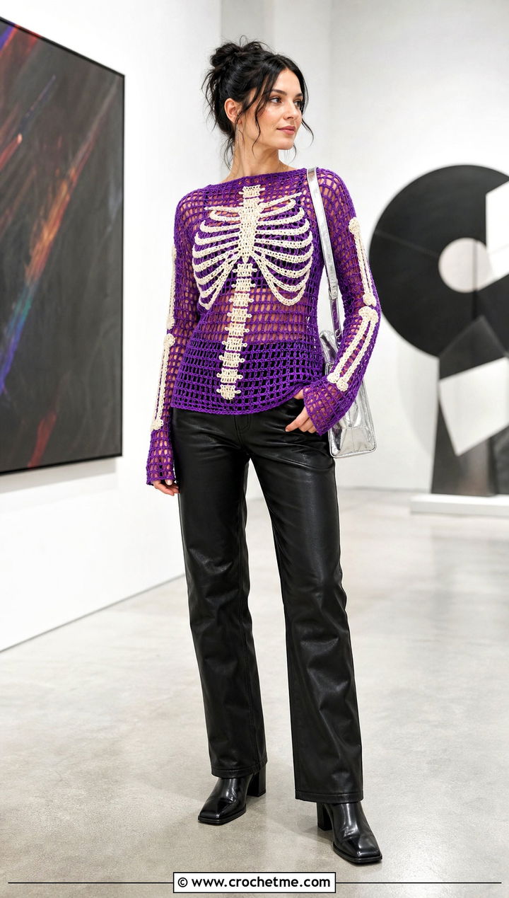 Filet Crochet Skeleton Sweater With Leather Pants - 30 Crochet Skeleton Sweater outfit ideas