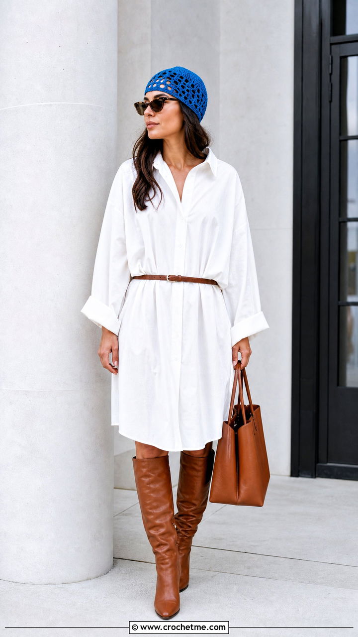 Filet Crochet Skull Cap With Oversized Shirt Dress - 35 crochet skull cap outfit ideas