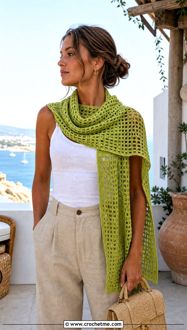 Filet Crochet Sleeve Scarf With Linen Pants - 30 crochet sleeve scarf outfit ideas