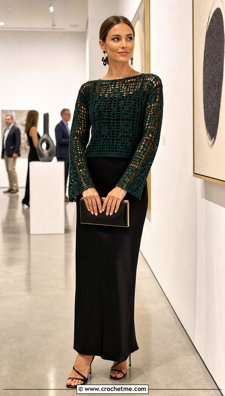 Filet Crochet Sleeve Top With Column Skirt - 35 crochet sleeve top outfit ideas