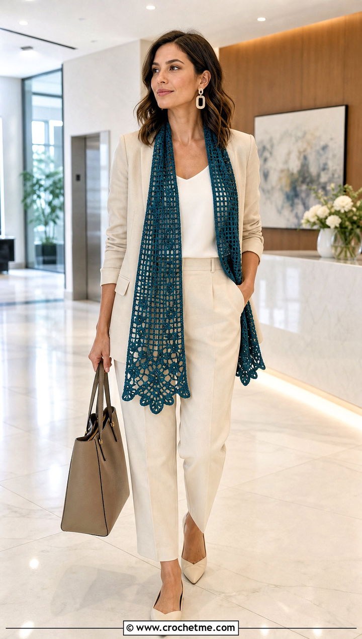 Filet Crochet Stole With A Pantsuit - 30 crochet summer wrap outfit ideas