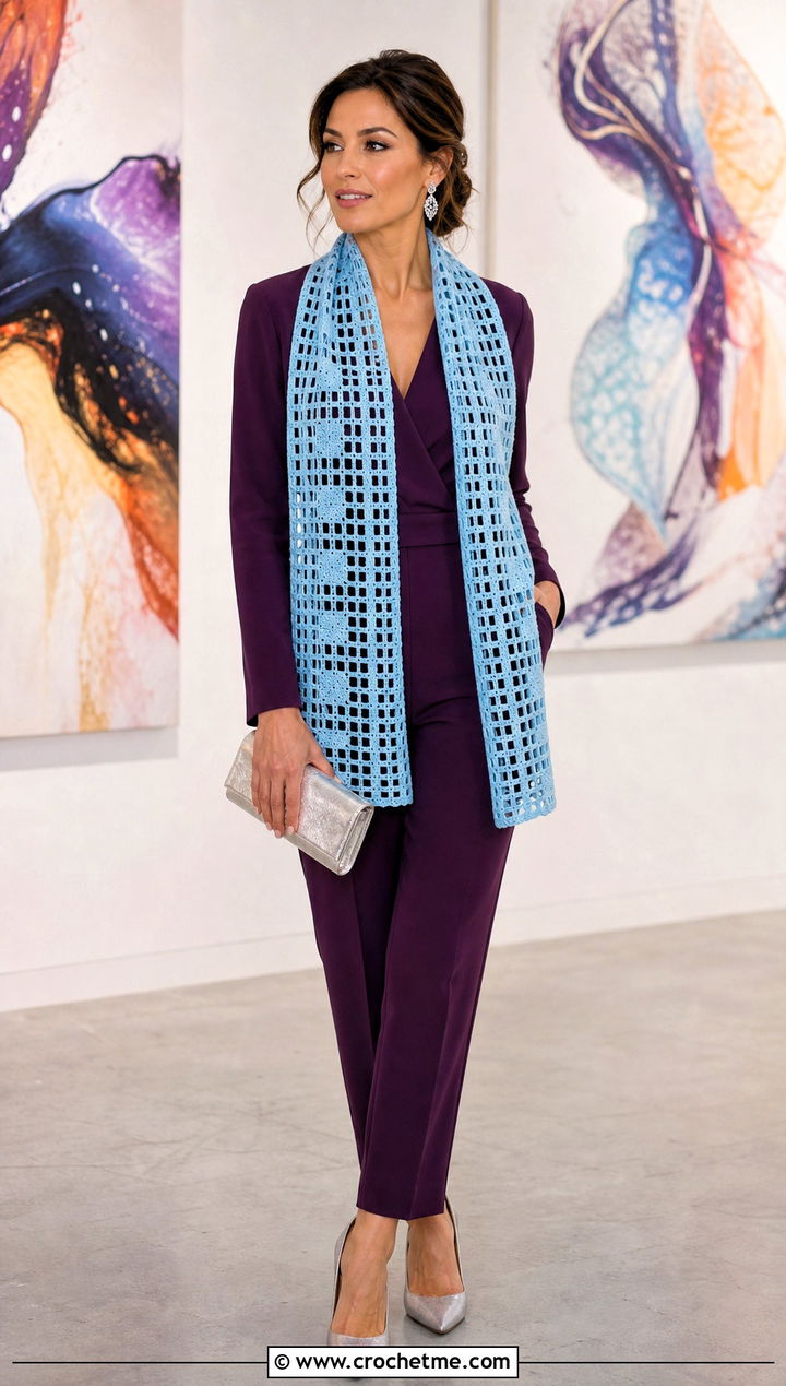 Filet Crochet Stole With Tailored Jumpsuit - 25 beautiful crochet shawls and wraps outfit ideas