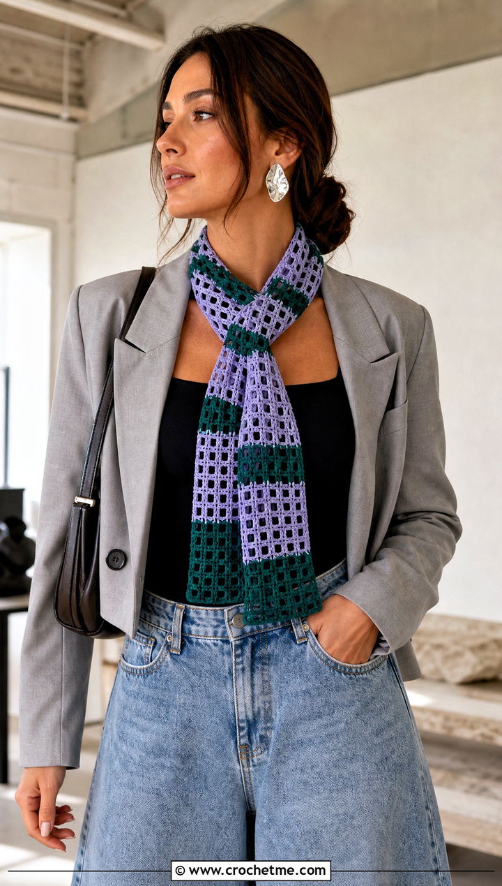 Filet Crochet Striped Scarf With Wide Leg Jeans - 25 crochet striped scarf outfit ideas